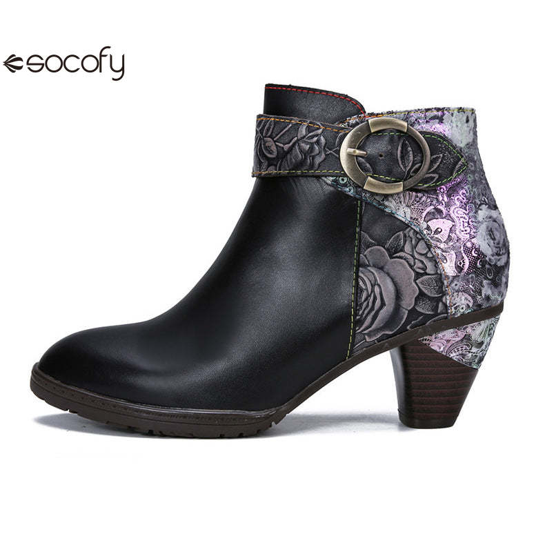 Socofy Vicconfy Vintage Cowhide Leather Boots Fashion Boots Mid Heel Women's Shoes