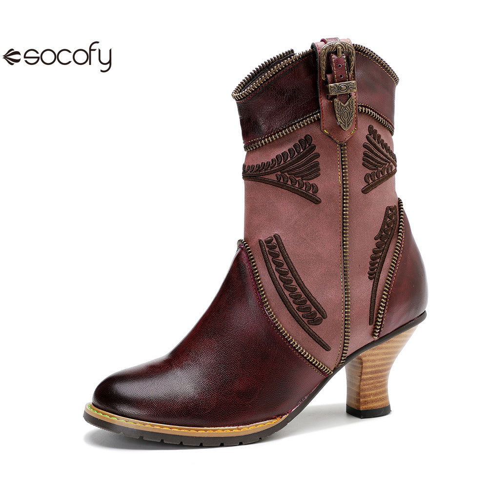 Socofy Vicconfy Leather Electric Embroidered Zipper Ankle Boots