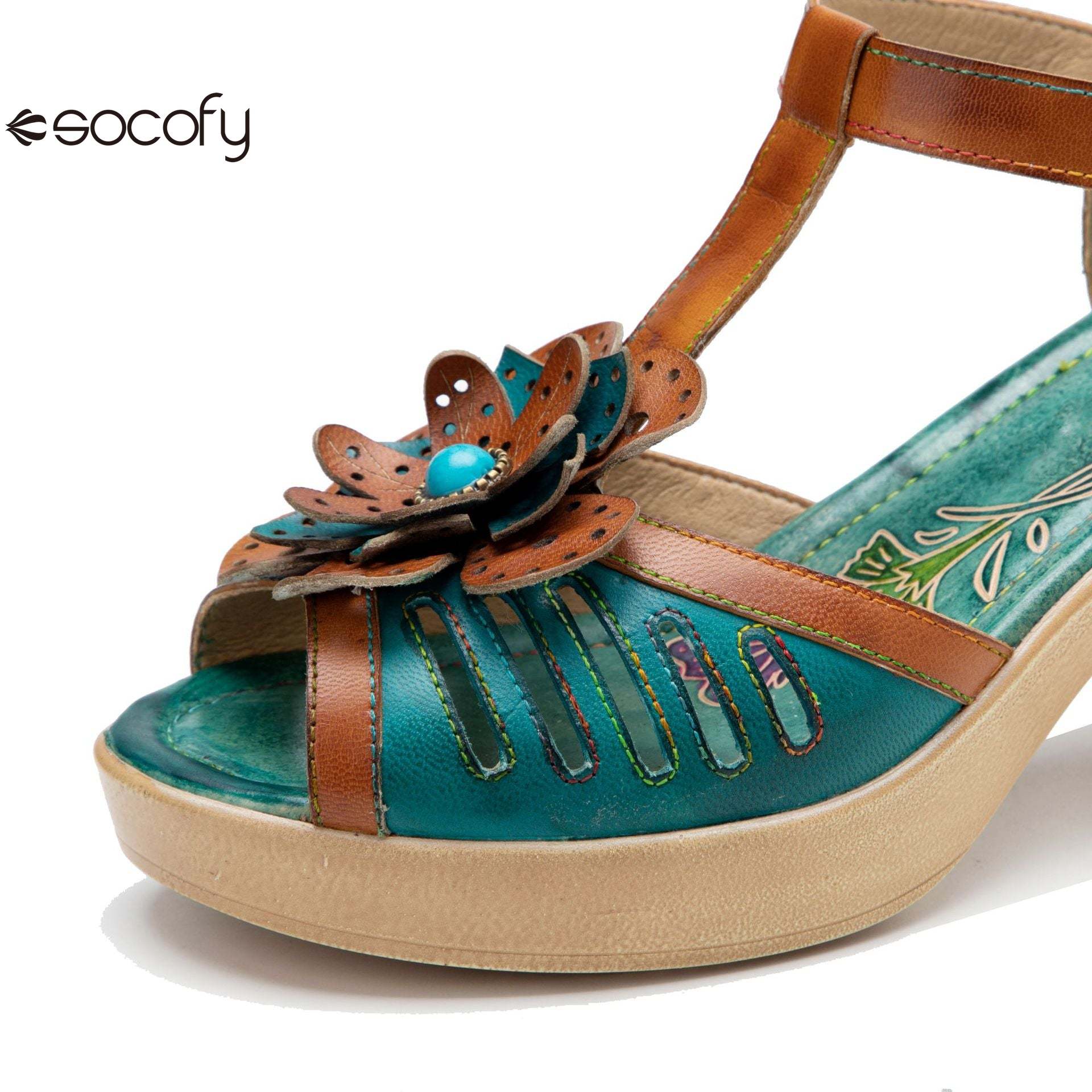 Socofy spring and summer leather retro casual three-dimensional flowers buckle strap women's sandals