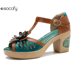 Socofy spring and summer leather retro casual three-dimensional flowers buckle strap women's sandals