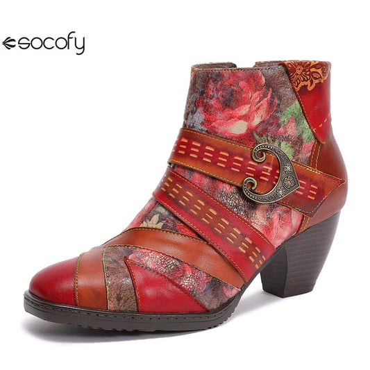 Socofy Retro leather stitching high ethnic style flower women's boots 1500