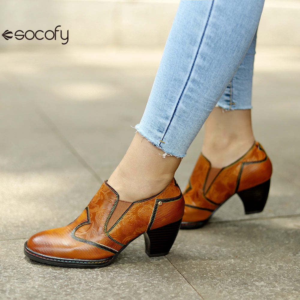 Socofy genuine leather retro style women's thick heel high heels