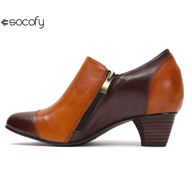 Socofy Vicconfy Genuine Leather Ethnic Style Handmade Vintage Literary Buckle Heels