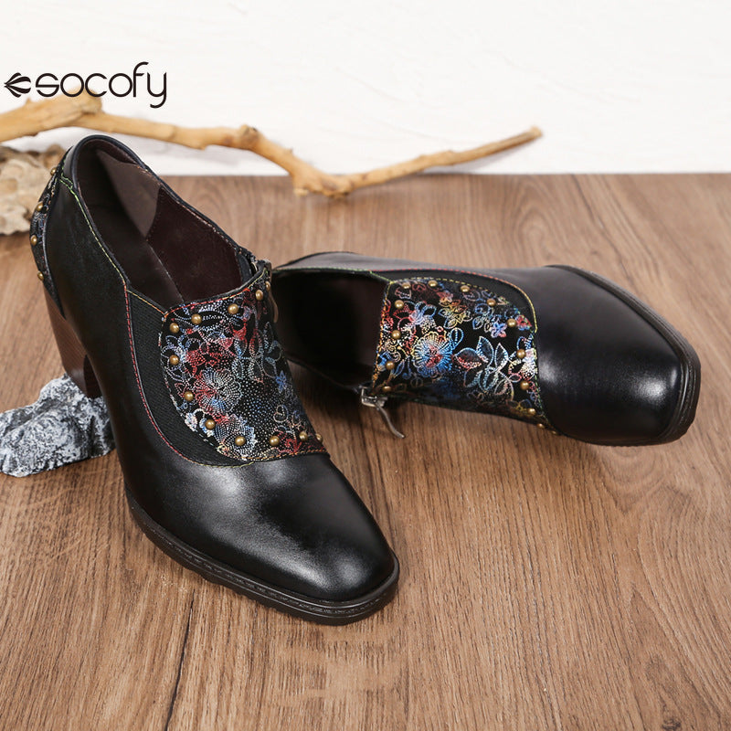 Socofy Vicconfy Round Toe Leather Fashion Side Zipper Heels Single Shoes Women's Shoes