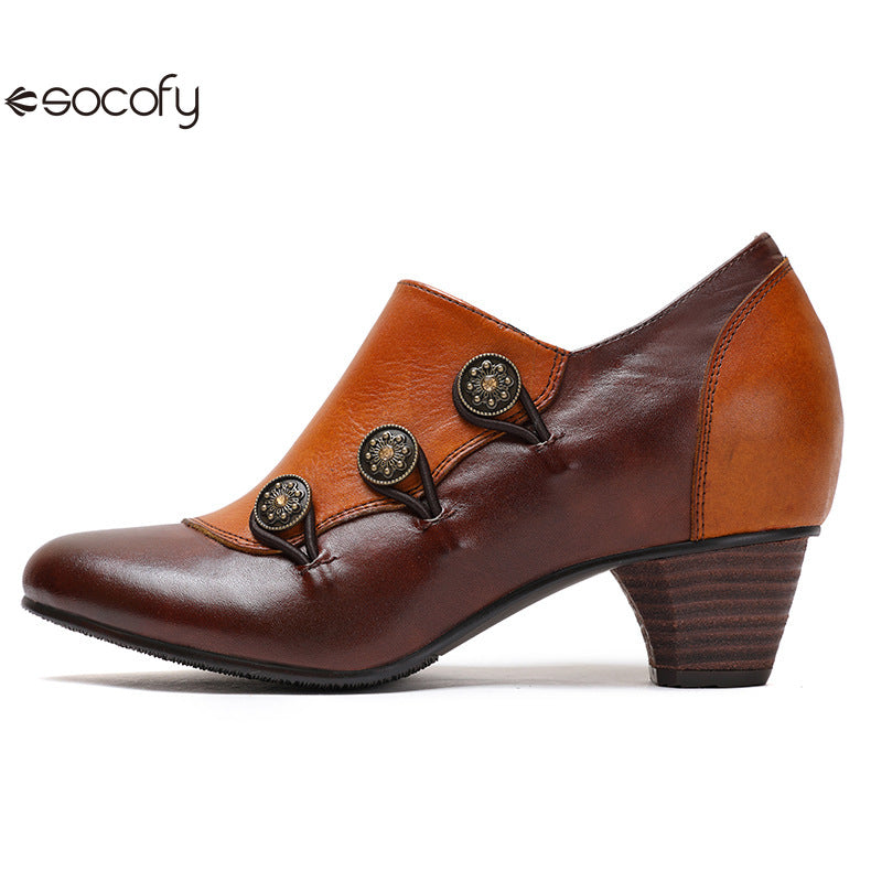 Socofy Vicconfy Genuine Leather Ethnic Style Handmade Vintage Literary Buckle Heels