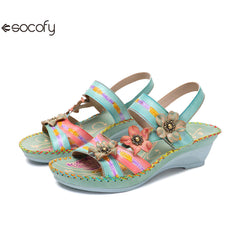 Socofy Vicconfy Genunie Leather Floral Handmade Women's Sandals