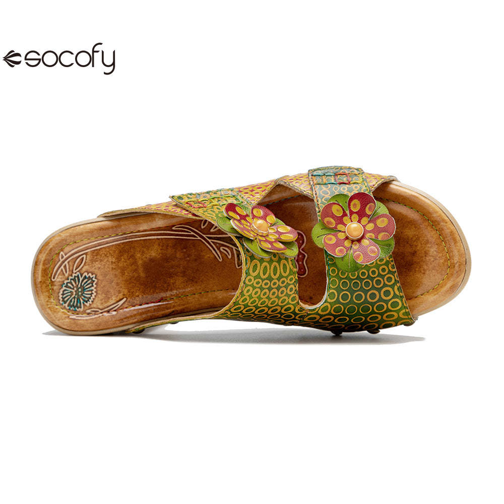 Socofy Spring and summer genuine leather retro flower comfortable thick heel high heel sandals