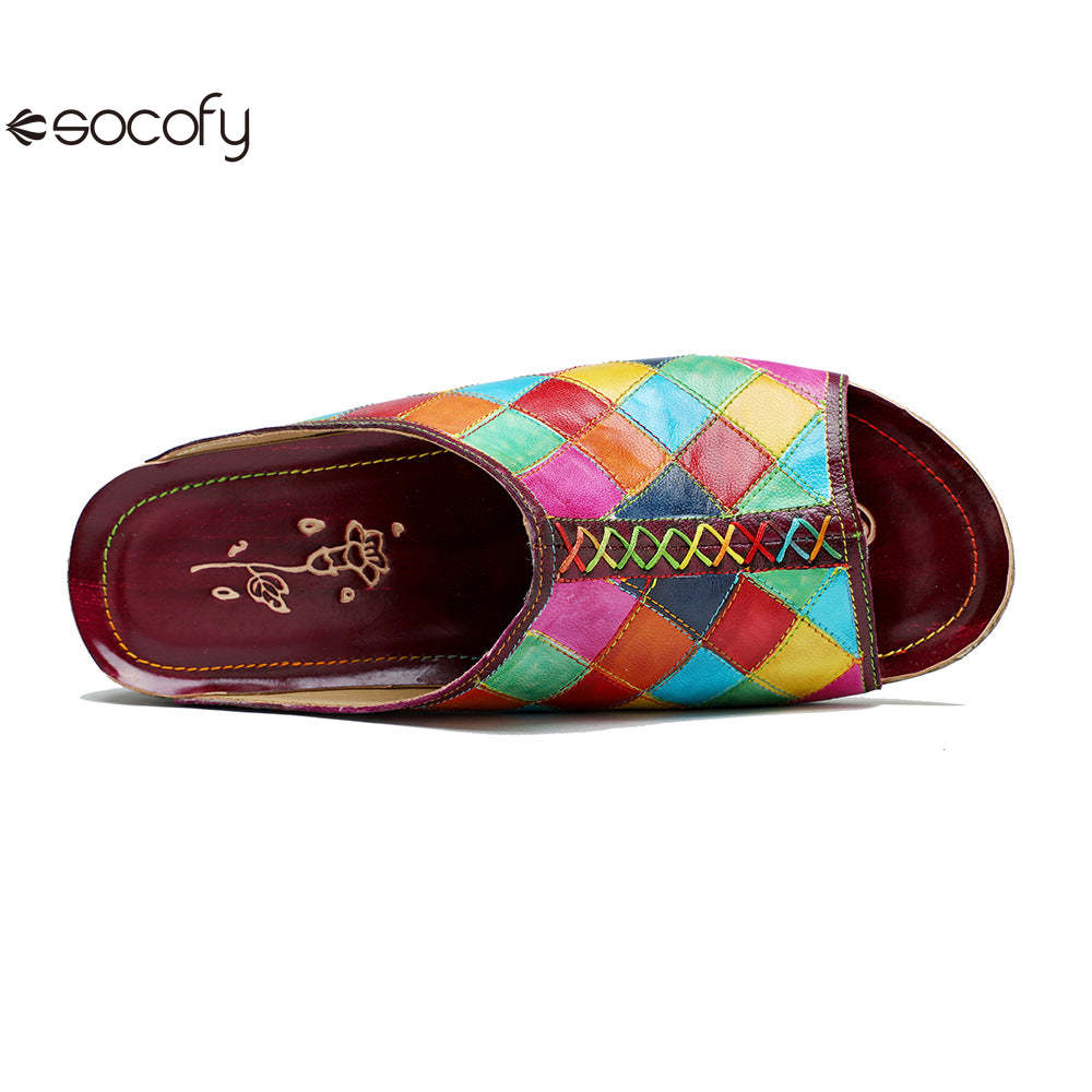 Socofy new summer style genuine leather retro plaid comfortable flat women's slippers