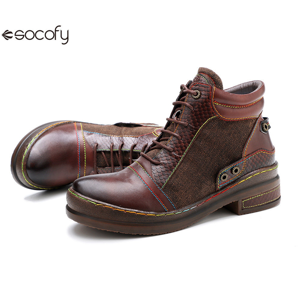 Socofy Vicconfy Genuine leather lace-up vintage biker boots