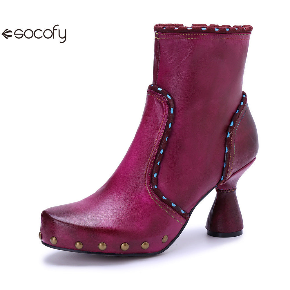 Socofy Vicconfy Handmade Leather Chic Color Ankle Boots