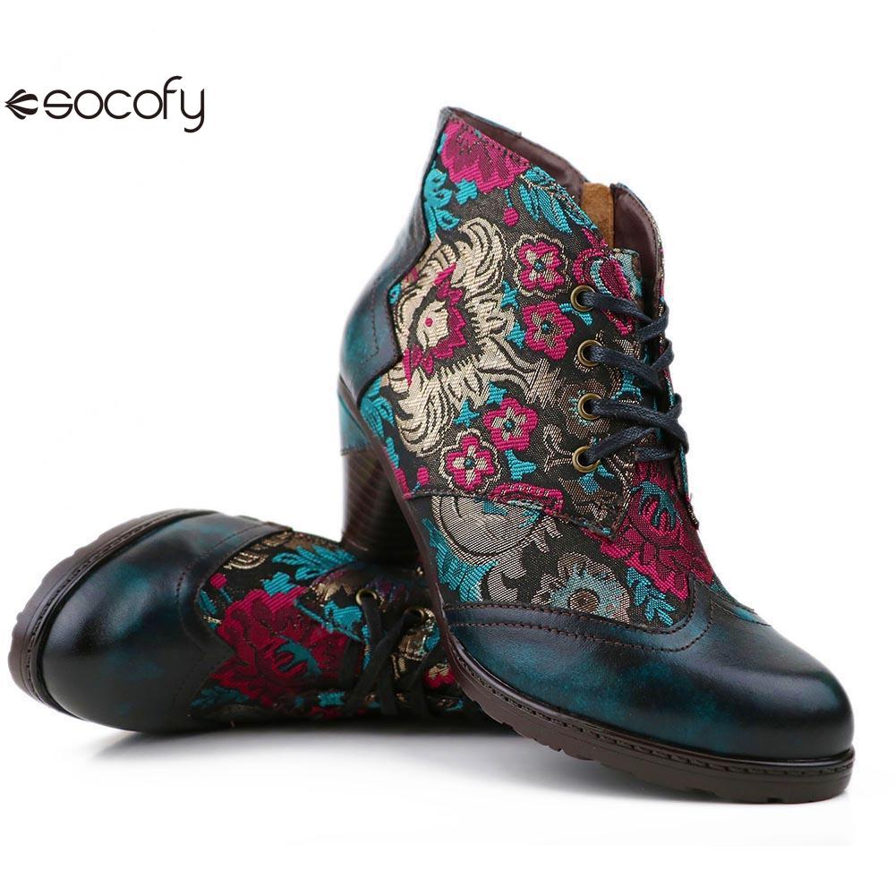 Socofy Genuine Leather short Embroidered flowers round toe high heel fashion boots for women