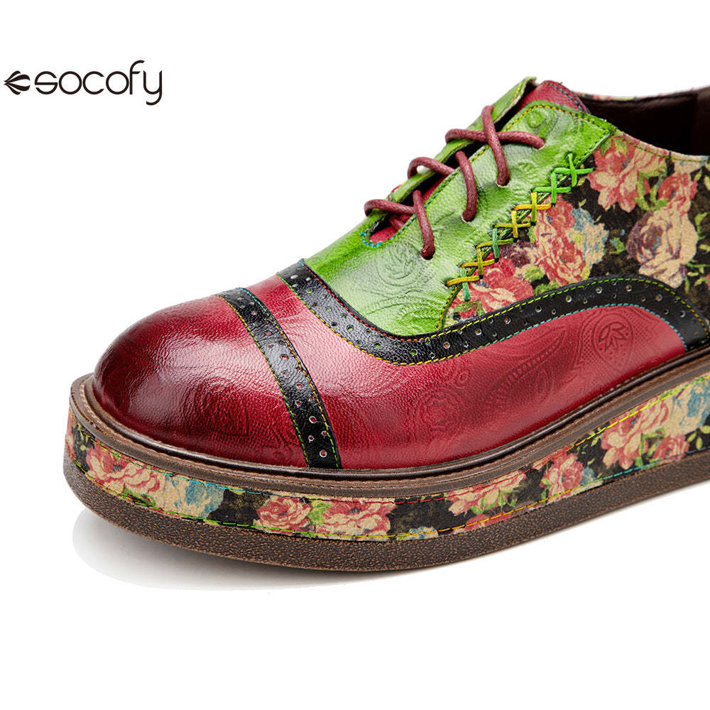 Socofy colour collision splicing lace-up thick bottom women's platform flat shoes