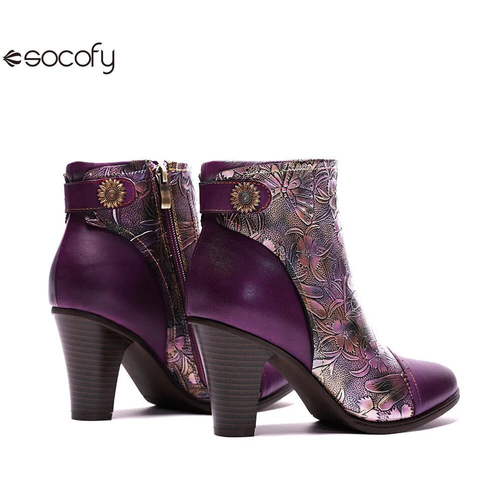 SOCOFY Genuine Leather Retro Handmade Exquisite Embossed Fashion Zip Winter Boots