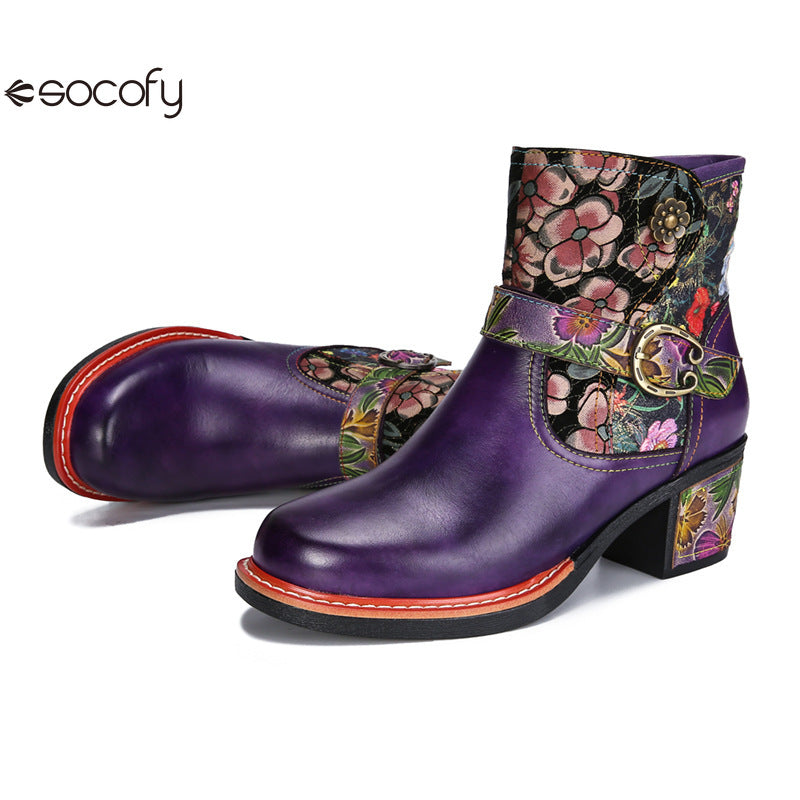 Socofy Vicconfy Genuine Leather Cubic Embossed Romantic Vintage Floral Heeled Ankle Boots