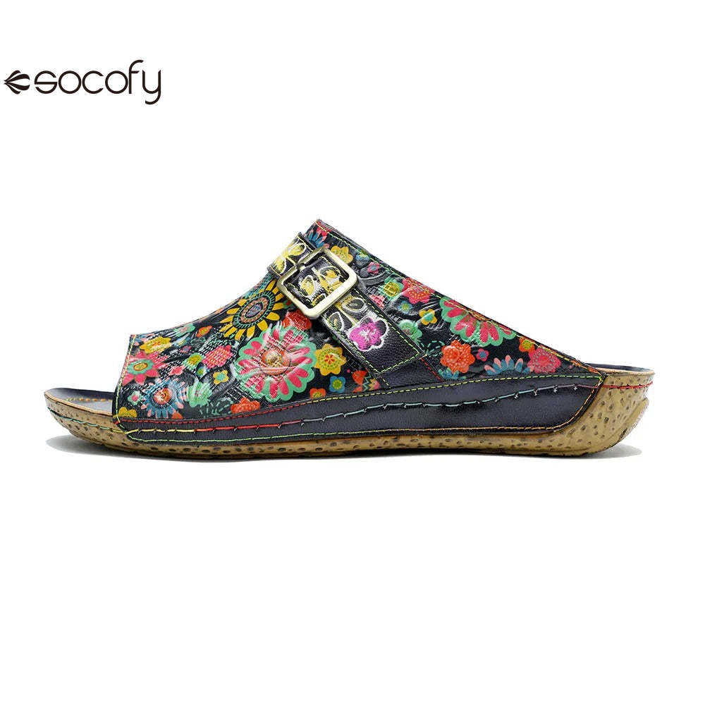 Socofy Spring Summer Genuine Leather Outside Slippers Hand-painted Retro Comfort Flat Sandals