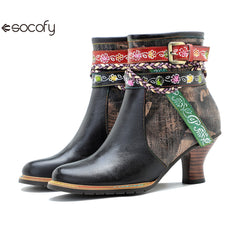 Socofy Vicconfy Genuine Leather Vintage Braided Belt Buckle Boots