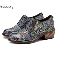 Socofy spring leather zipper Deco Chunky Heels women's shoes