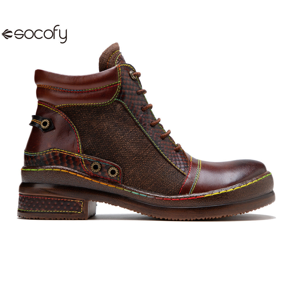 Socofy Vicconfy Genuine leather lace-up vintage biker boots