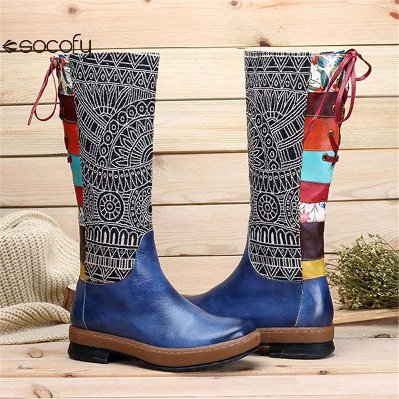 Socofy Vinatge Handmade Knee High Boots For Women Genuine Leather Shoes Women