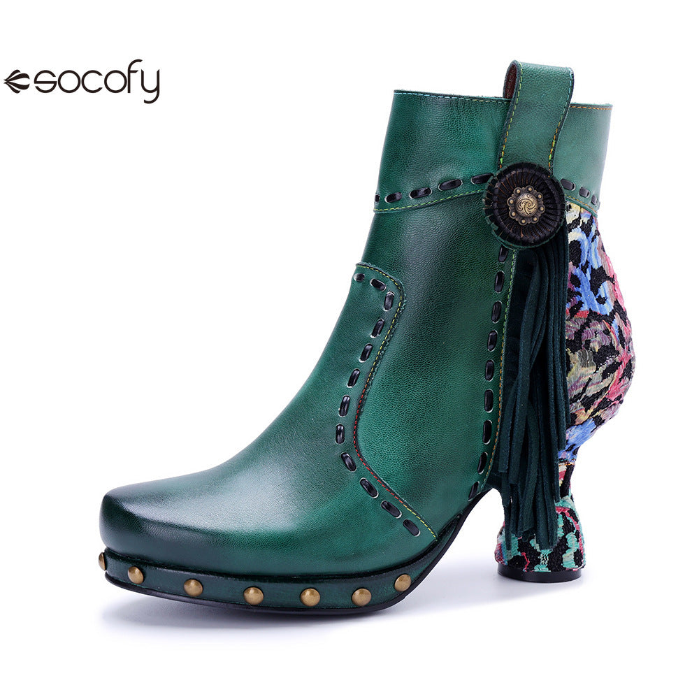 Socofy Vicconfy Retro Handmade Side Fringe Ankle Boots