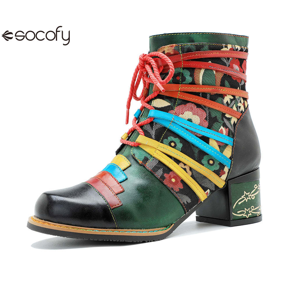 Socofy Vicconfy Handmade Genuine Leather Printed Patchwork Colorful Strappy Chunky Heel Women's Boots