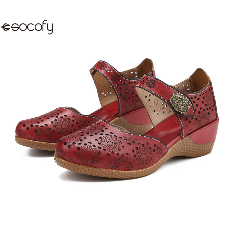 Socofy Genuine leather romantic three-dimensional flowers hollowed out sandals