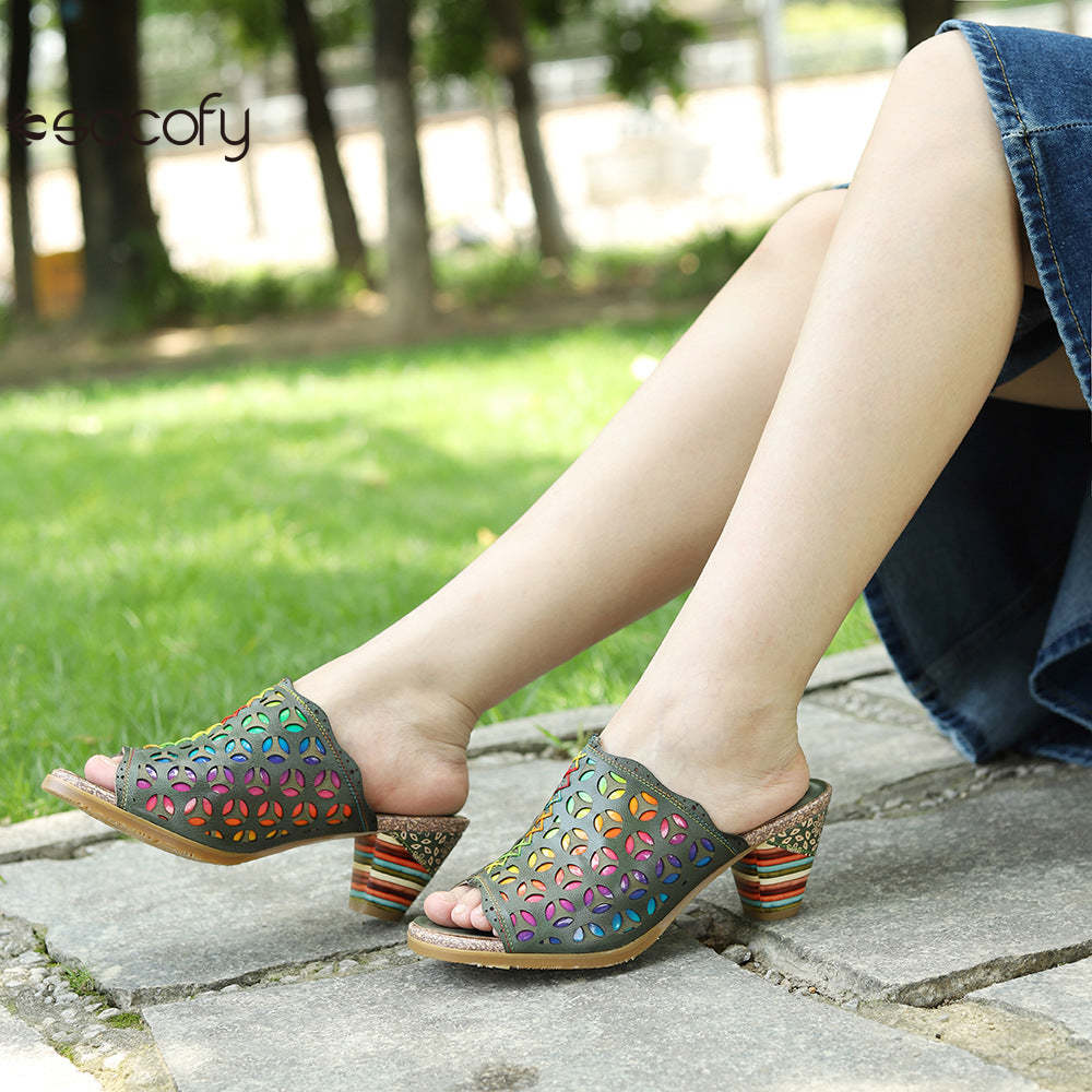 Socofy summer leather rubbed retro colourful hollow out high heel sandals