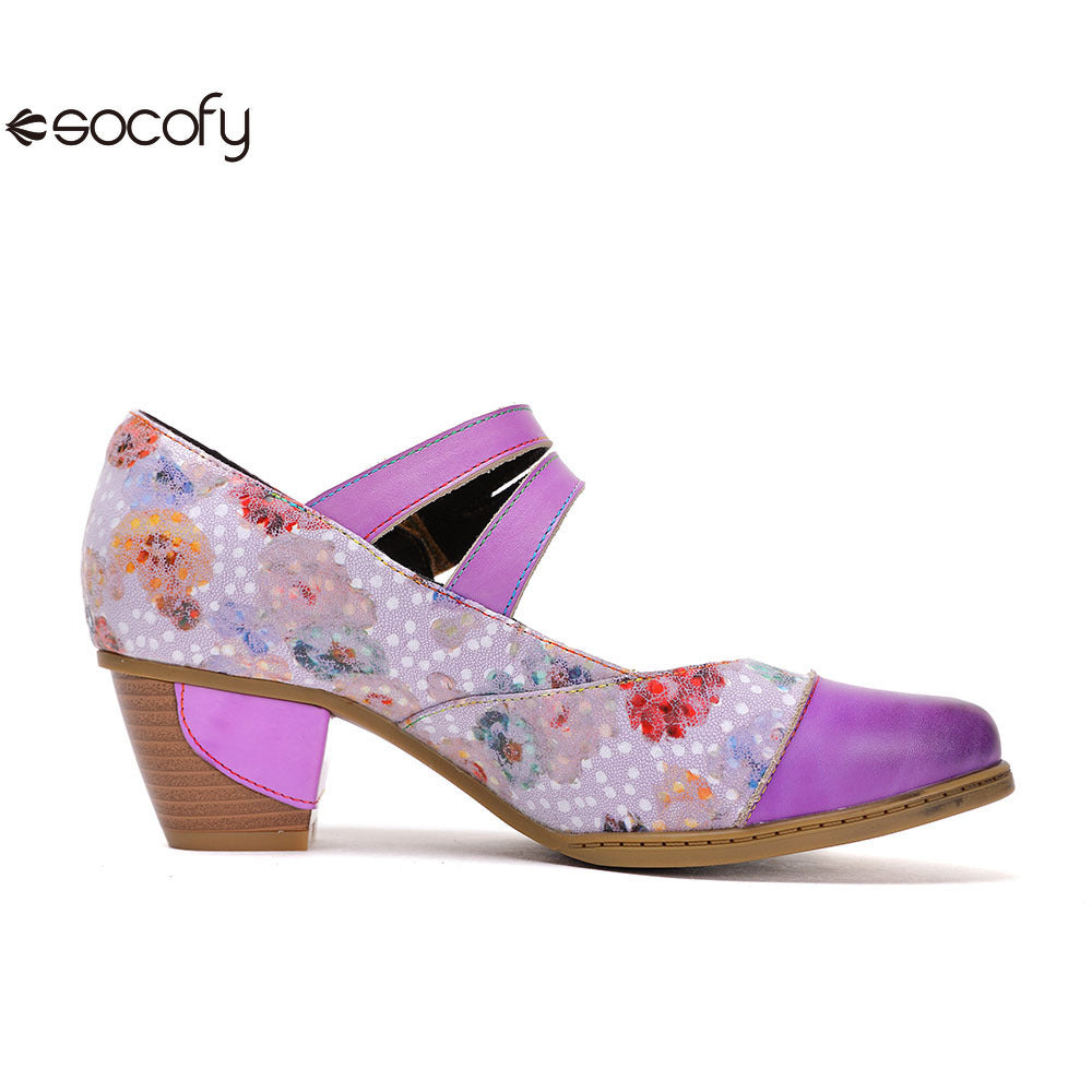 Socofy Vicconfy Genuine Leather Ethnic Vintage Style High Heeled Shoes