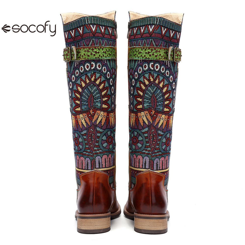 Socofy Vicconfy Genuine Leather Vintage Patchwork Long Warm Boots