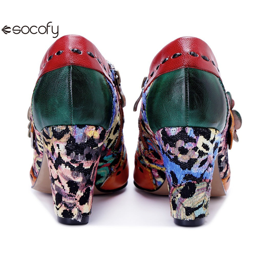 Socofy Genuine Leather Vintage Floral Chunky Heeled Women Pumps