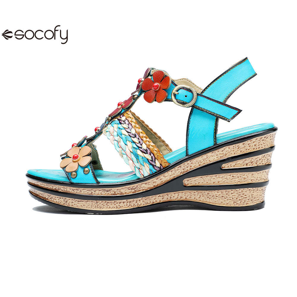 Socofy summer genuine leather bohemian style comfortable wedge sandals for women