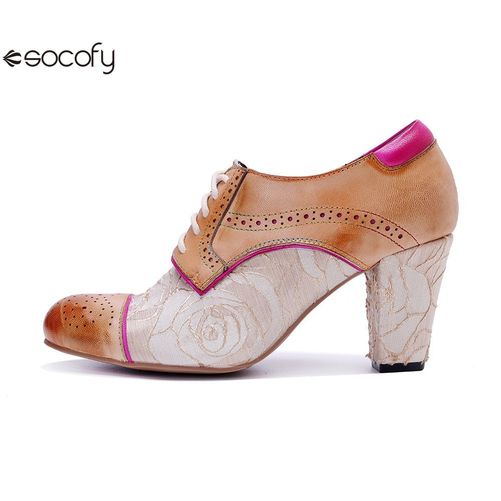 Socofy Genuine leather vintage splicing rose fashion lace-up high heels shoes