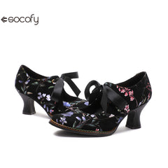 Socofy Flower Antique Style High Heel Round Toe Women's Shoes