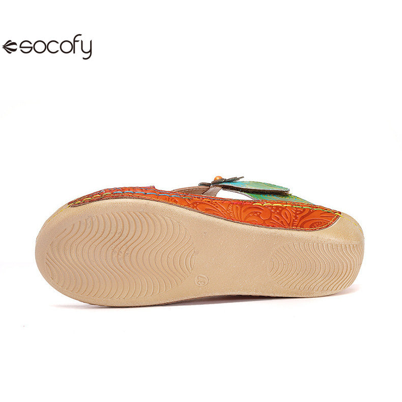 Socofy Vicconfy Loose Round Toe Handmade Cubic Flower Ethnic Flat Sandals