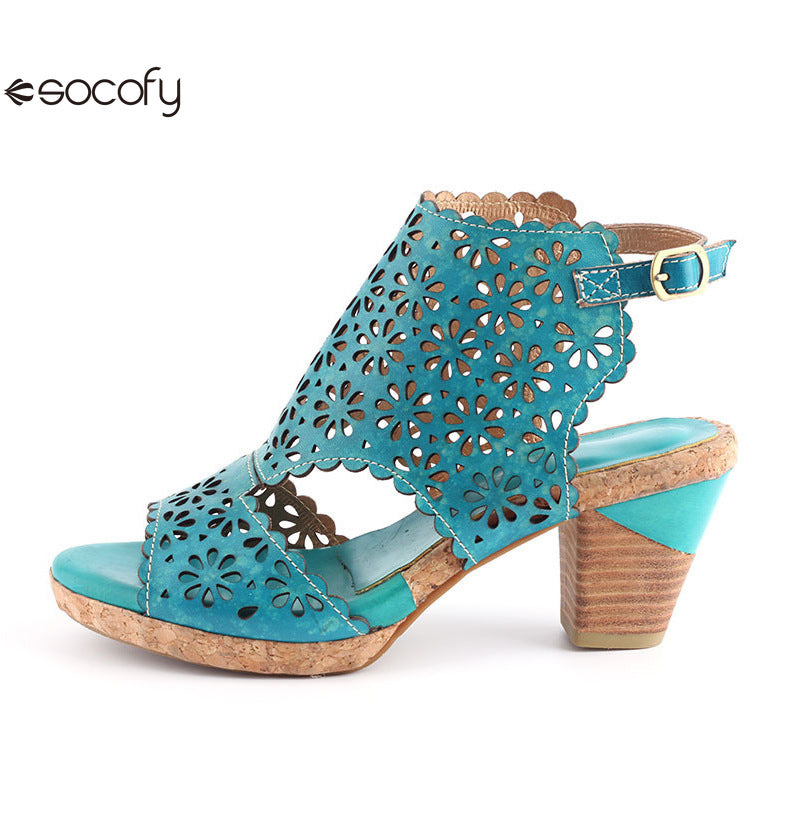 Socofy Vicconfy Open Toe Slingback Vintage Hollow Chunky Sandals