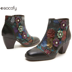 Socofy retro cowhide round toe heightening women's boots