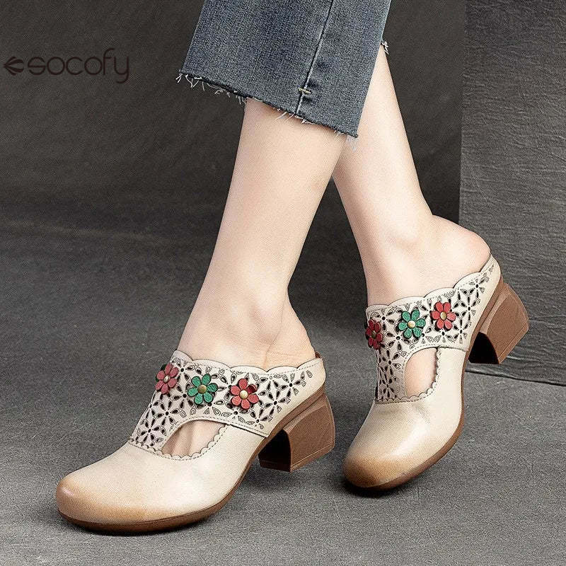 Socofy Ethnic Style Flower Mid Heel Round Toe Retro Comfortable Versatile Women Shoes