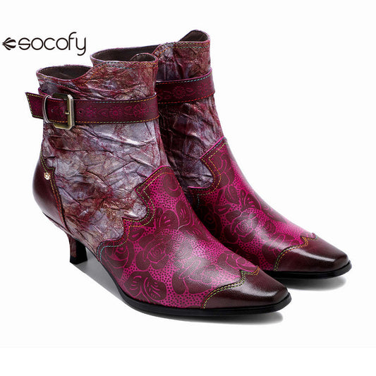 Socofy Leather Printed Patchwork Belt Buckle Slim Heel Women's Boots 1000