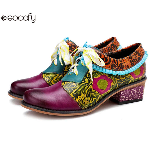 Socofy Genuine Leather Lace-up Oxford Vintage Women Retro Bohemian Flats Shoes 1000