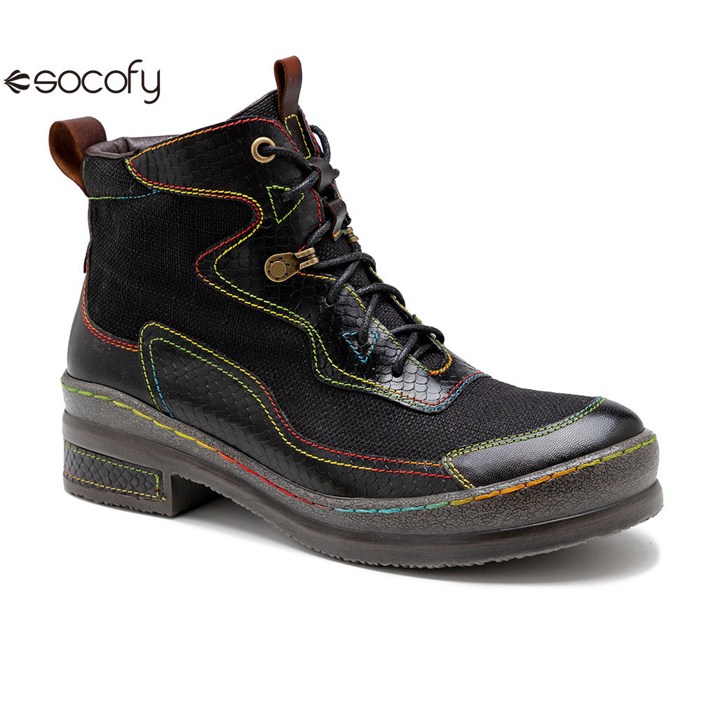 Socofy Vicconfy Leather Double Colored Thread Stitching Ankle Boots