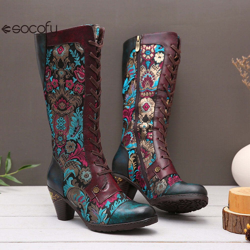 Socofy Autumn and winter women's high-heeled warm and wear-resistant high round toe boots for women