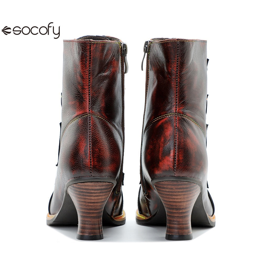 Socofy Leather Vintage Boots High Heeled Boots