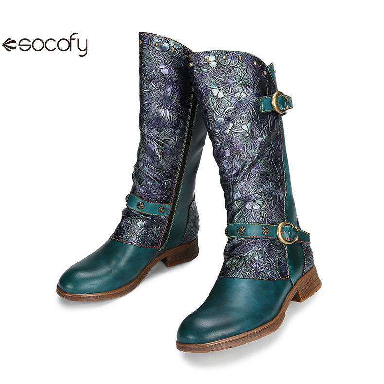 Socofy Vicconfy Side Zipper Vintage Floral Flat Heel Long Boots