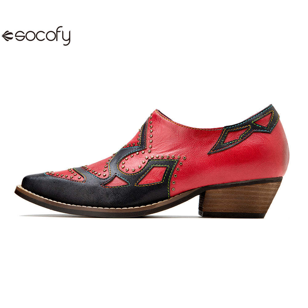 Socofy Genuine Leather Retro Round Rivet Deco Shallow Flat Shoes