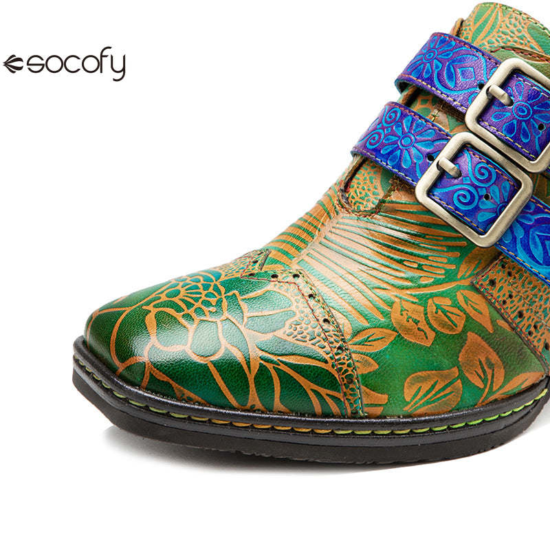 Socofy genuine leather green printed pastoral style retro thick heel women's high heels