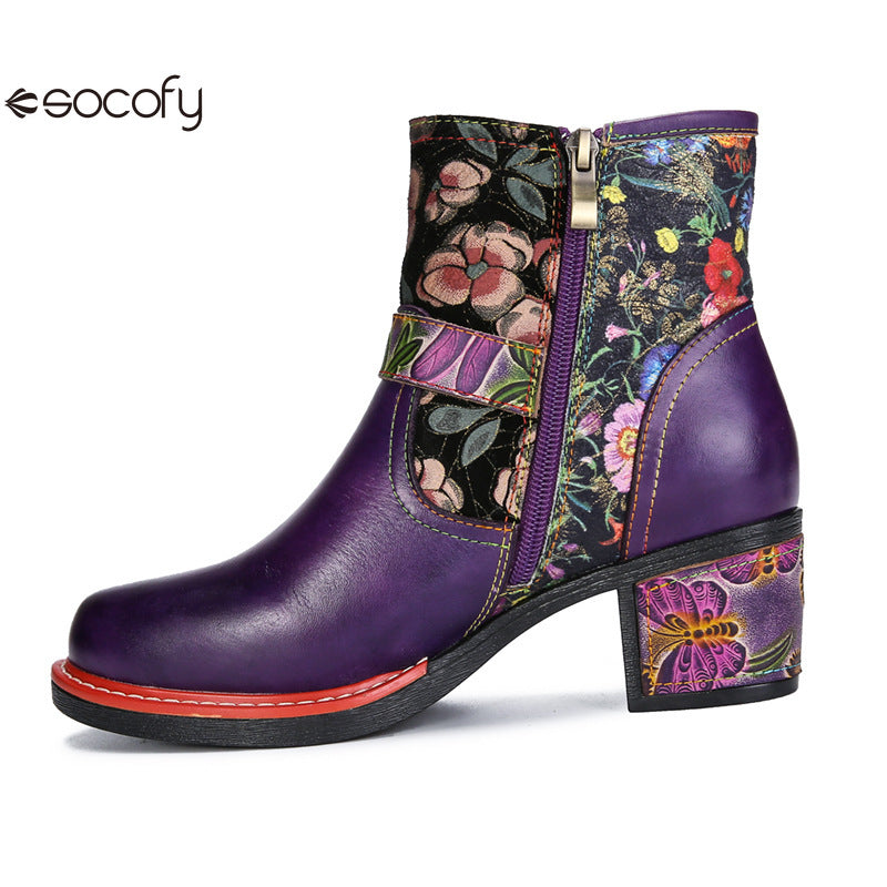 Socofy Vicconfy Genuine Leather Cubic Embossed Romantic Vintage Floral Heeled Ankle Boots