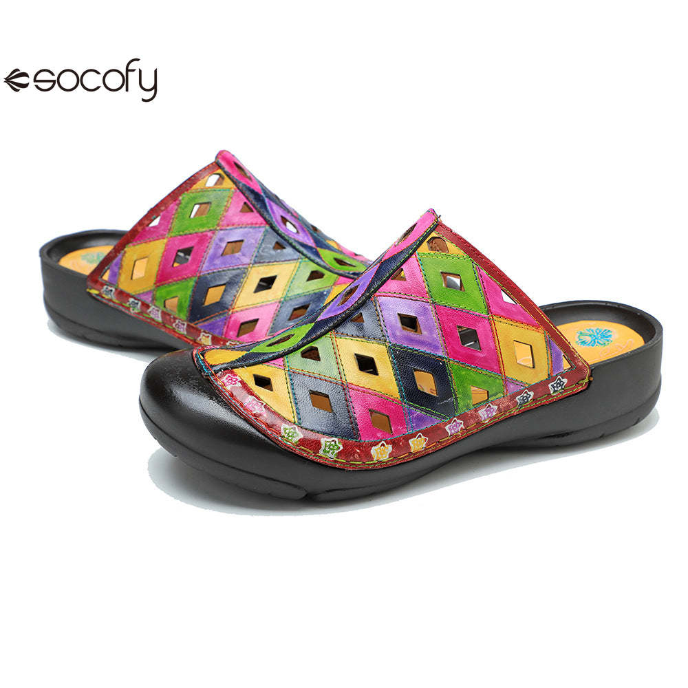 Socofy Genuine leather hand-rubbed casual retro colorful hollow comfortable flat slippers