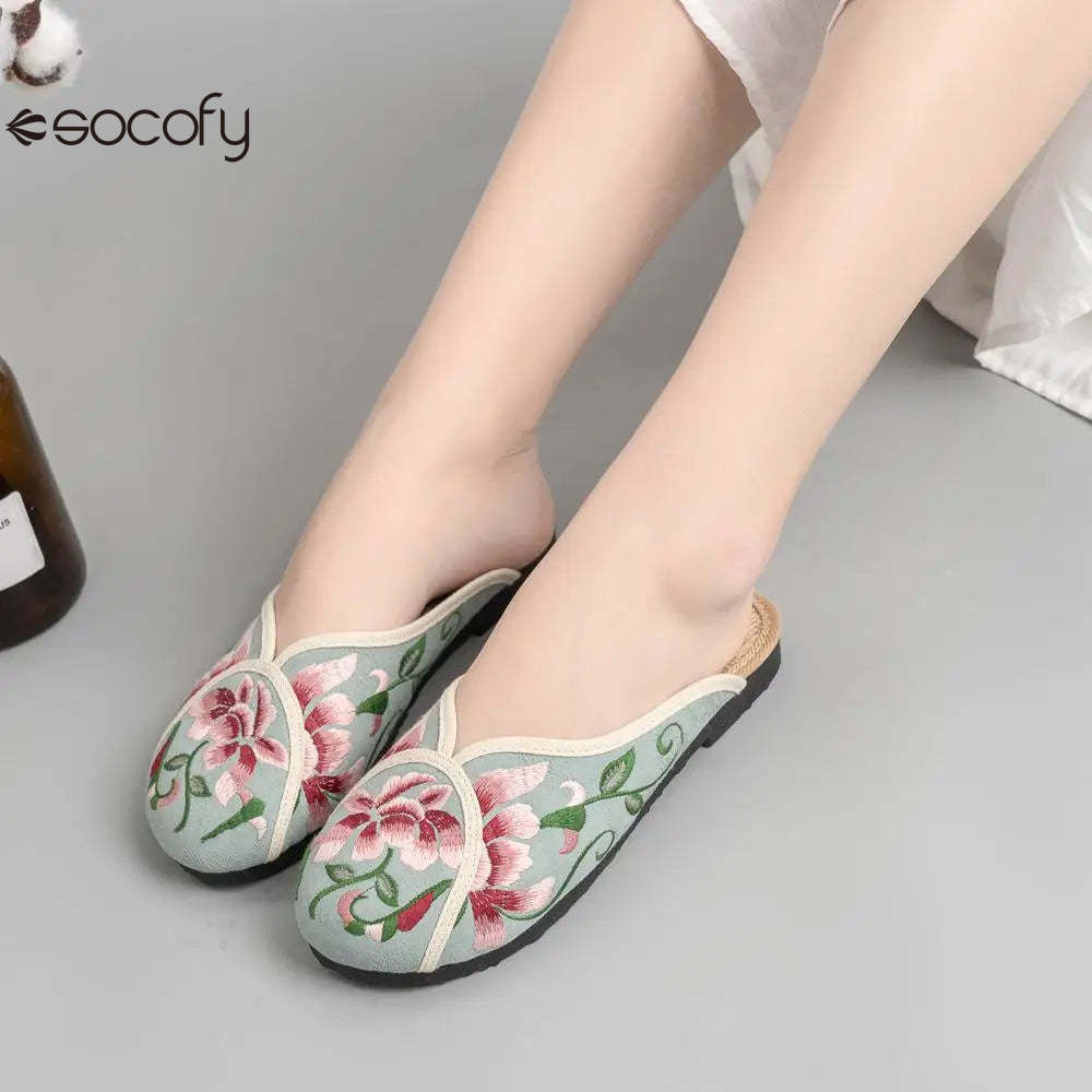 Socofy Spring Summer Outside Embroider Flat Slippers