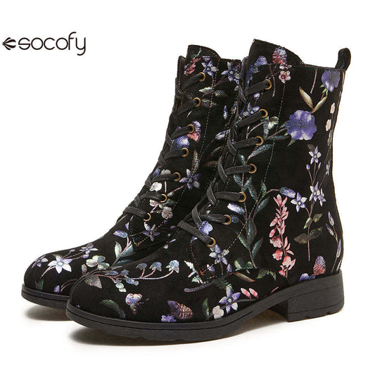 Socofy Autumn and winter warm and wear-resistant mid-calf round-toe cowhide leather fashion boots 1000