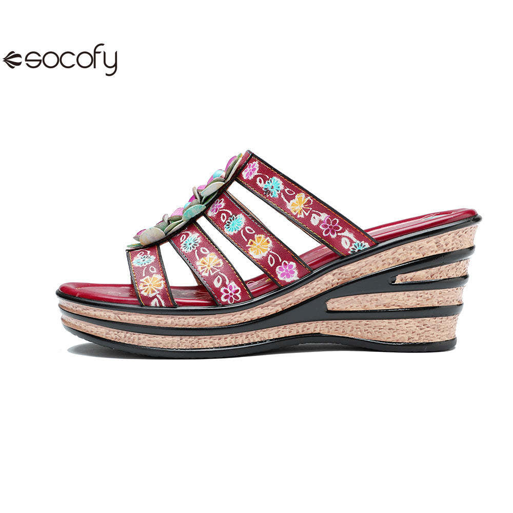 Socofy Summer Leather Vintage Flower Slope Heel Sandals Slippers